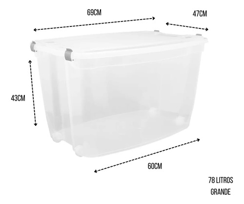 03 Caixa Organizadora Grande Plástico 78 Litros Transparente