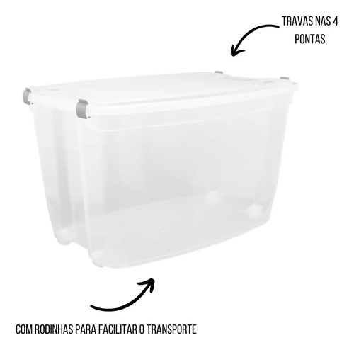 03 Caixa Organizadora Grande Plástico 78 Litros Transparente
