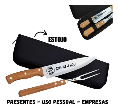 10 kit churrasco faca garfo e estojo personalizado nome time