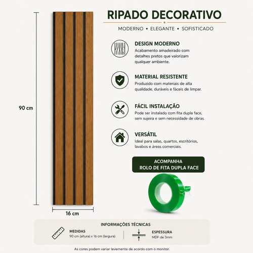 10 Placas Autocolantes Painel Madeira Ripada Montável 90x16