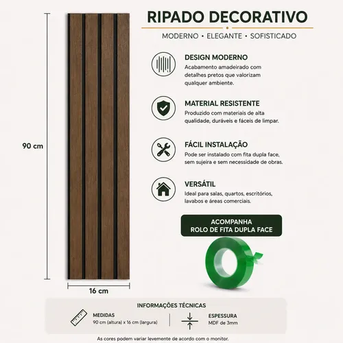 10 Placas Autocolantes Painel Madeira Ripada Montável 90x16