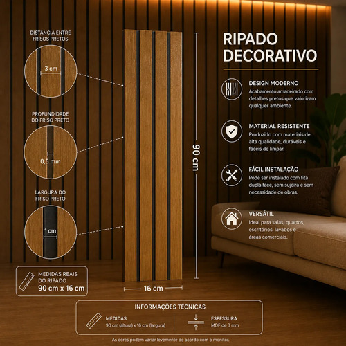 10 Placas Autocolantes Painel Madeira Ripada Montável 90x16