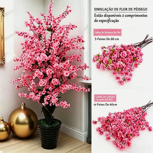 10 Ramos De Flor Artificial Cerejeira Grande Flor De Pêssego