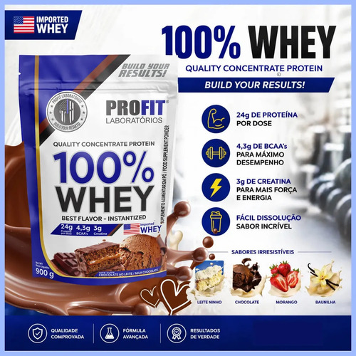 100% Whey - Concentrado Refil 900g -profit Sabor Chocolate