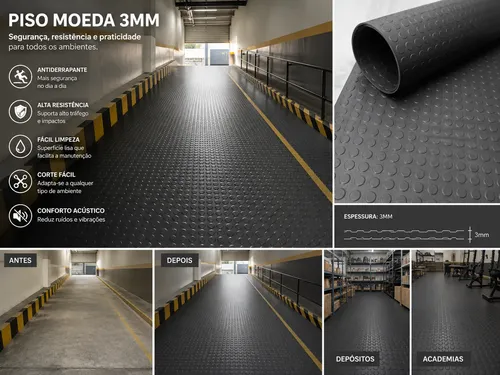 10m2 Piso Emborrachado Moeda Preto 3mm X Larg 1m X Comp 10m