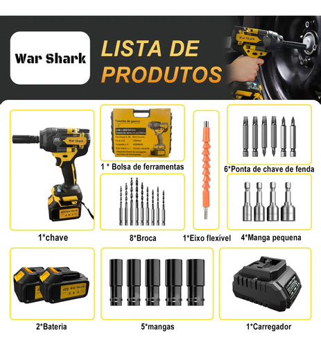 1500 N.m Chave De Impacto Profissional 48V Brushless 2 Baterias 4000ma War Shark Bivolt Parafusadeira E Furadeira Maleta E Acessórios Alta Potência Motor Sem Escovas
