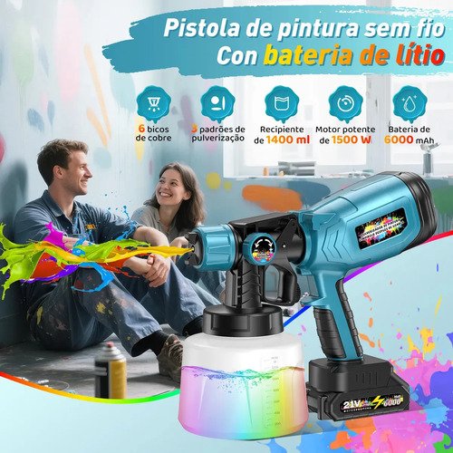 1500W Pistola De Pintura Elétrica Profissional 1400ML 2*6000mAh Bateria Portátil Pistola Pulverizador Hvlp De Tinta Con 6 Bicos 3 Modos Low Pressão Gravidade Para Automotiva/Carro/Cerca