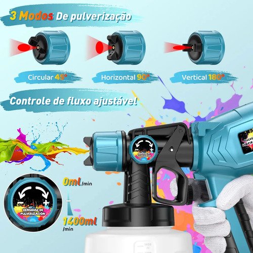 1500W Pistola De Pintura Elétrica Profissional 1400ML 2*6000mAh Bateria Portátil Pistola Pulverizador Hvlp De Tinta Con 6 Bicos 3 Modos Low Pressão Gravidade Para Automotiva/Carro/Cerca