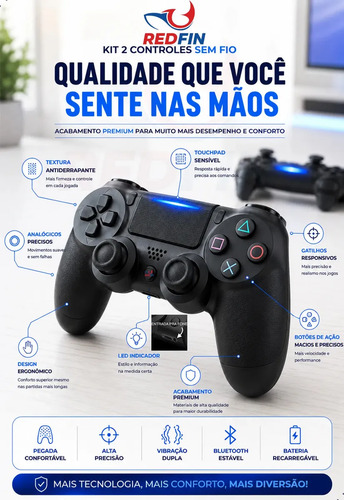 2 Controles Redfin Sem Fio Compatível com PS4, PC e Android com Bluetooth Touchpad Vibração Dupla joystick