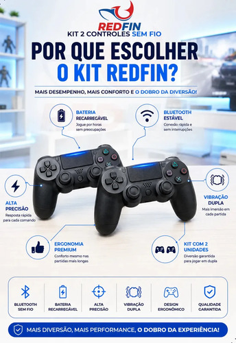 2 Controles Redfin Sem Fio Compatível com PS4, PC e Android com Bluetooth Touchpad Vibração Dupla joystick