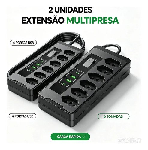 2 pecas filtro de linha regua extensao 6 tomadas e 2 usb 2 p
