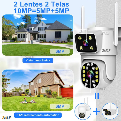 2nlf Câmeras De Segurança Wifi 360° Ip66 Conversação Bidirecional Visão Noturna Eseecloud App 2 Lentes 2 Telas 10mp