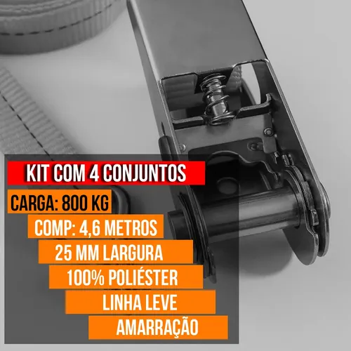 4 Conjunto Catraca Amarração Cinta Preta 4,6 Metros 800kg
