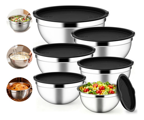 5 bowls tigelas inox com tampa plastica utensilios cozinha