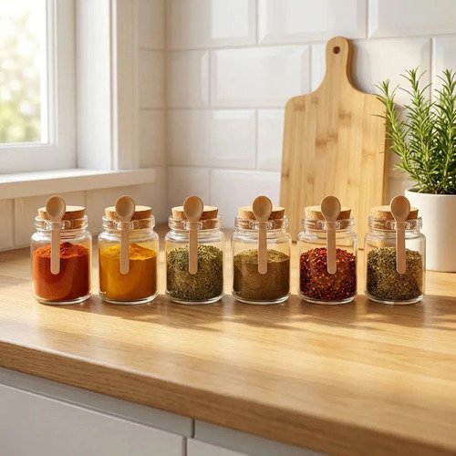 6 potes para temperos grande vidro com colher de bambu 240ml