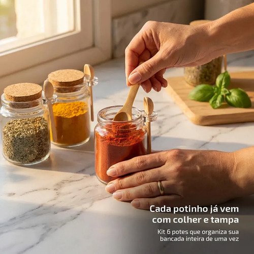 6 Potes Para Temperos Grande Vidro Com Colher De Bambu 240ml Transparente
