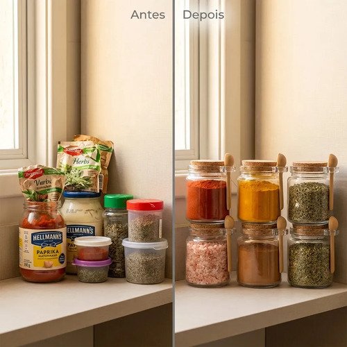 6 Potes Para Temperos Grande Vidro Com Colher De Bambu 240ml Transparente