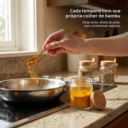 6 Potes Para Temperos Grande Vidro Com Colher De Bambu 240ml Transparente