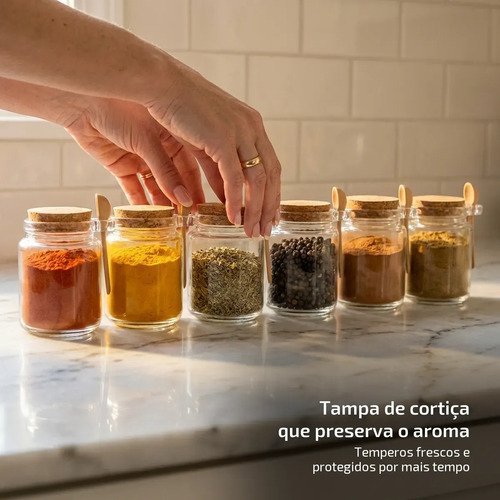 6 Potes Para Temperos Grande Vidro Com Colher De Bambu 240ml Transparente