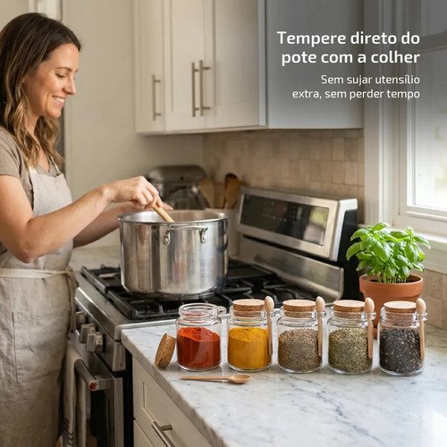6 Potes Para Temperos Grande Vidro Com Colher De Bambu 240ml Transparente