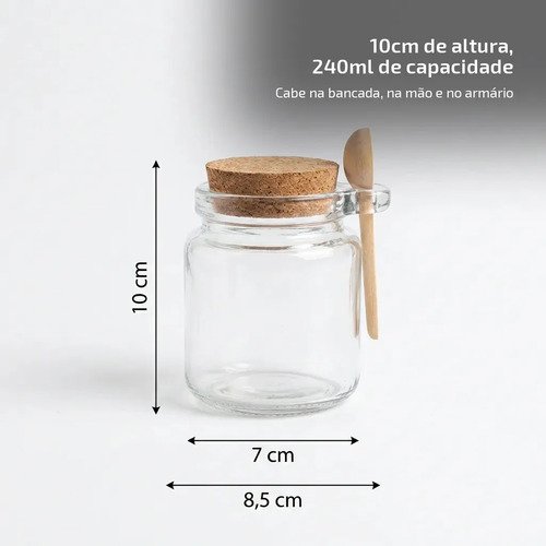 6 Potes Para Temperos Grande Vidro Com Colher De Bambu 240ml Transparente