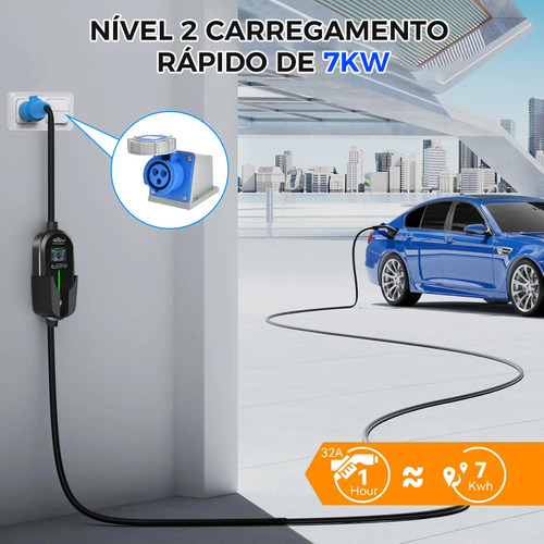 7kw Carregador Carro Elétrico Portátil Rápido 32a Tipo 2