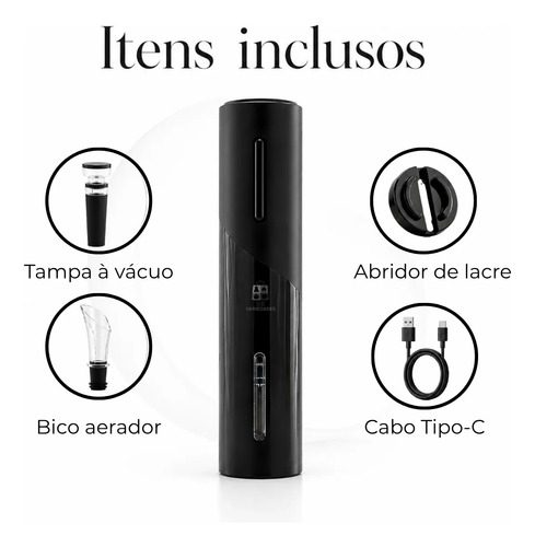 Abridor De Vinho Elétrico Usb Recarregável Saca Rolha
