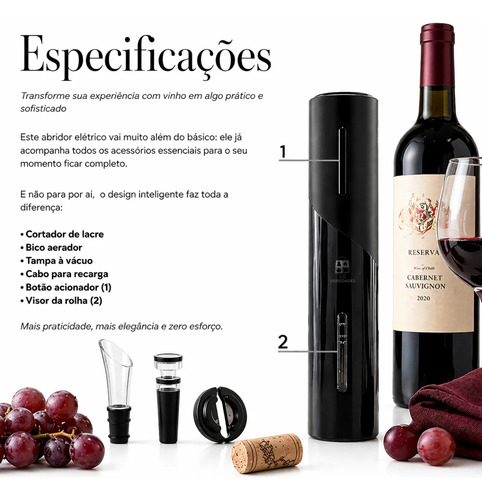Abridor De Vinho Elétrico Usb Recarregável Saca Rolha