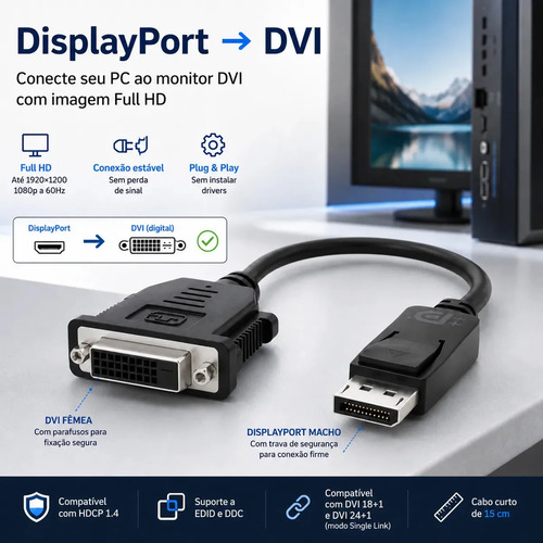 Adaptador DisplayPort para DVI Hdmatters 1920x1200 1080p 60Hz 15cm Preto