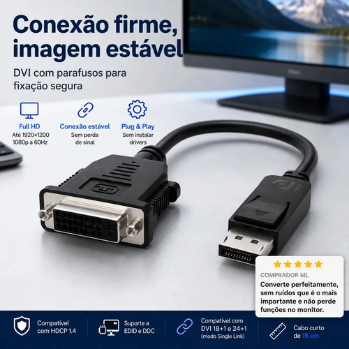 Adaptador DisplayPort para DVI Hdmatters 1920x1200 1080p 60Hz 15cm Preto