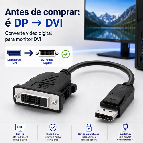 Adaptador DisplayPort para DVI Hdmatters 1920x1200 1080p 60Hz 15cm Preto