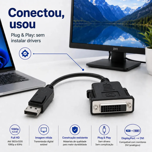 Adaptador DisplayPort para DVI Hdmatters 1920x1200 1080p 60Hz 15cm Preto