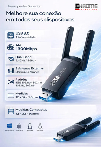 Adaptador Wifi Computador Pc Notebook Jogos Usb 3.0 Dual Band 5ghz Wifi 6 - Placa De Rede Wifi Gigabit Alta Velocidade Mu-mimo - Adaptador Ethernet Usb Rj45 Rtl8812bu Compatível C/ Mac Windows Linux.