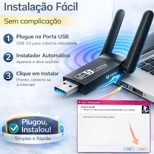 Adaptador Wifi Usb 3.0 Placa De Rede Dual Band 1300Mbps Gigabit 2 Antenas - Gurumania