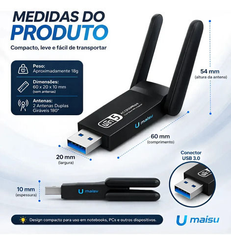 Adaptador Wifi Usb 3.0 Placa De Rede Dual Band 1300Mbps Gigabit 2 Antenas - Gurumania
