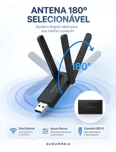 Adaptador Wifi Usb 3.0 Placa De Rede Dual Band 1300Mbps Gigabit 2 Antenas - Gurumania