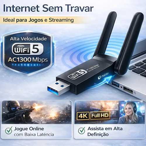 Adaptador Wifi Usb 3.0 Placa De Rede Dual Band 1300Mbps Gigabit 2 Antenas - Gurumania