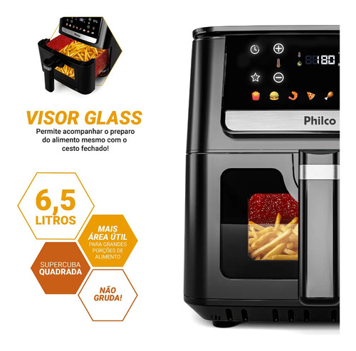 Air Fryer Philco 6,5L Visor Glass e Redstone 1700W PAF65A