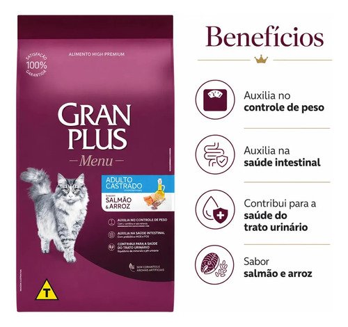 Alimento Gran Plus Menu Castrados para gato adulto sabor salmão y arroz de 10.1 kg