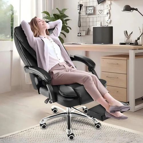 Ampliar E Aument Cadeira De Escritório Presidente Ergonômica Preto Couro Sintético