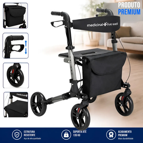 Andador 4 rodas e assento idoso adulto dobravel ate 135kg