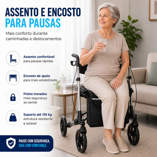 Andador 4 Rodas E Assento Idoso Adulto Dobrável Até 135kg