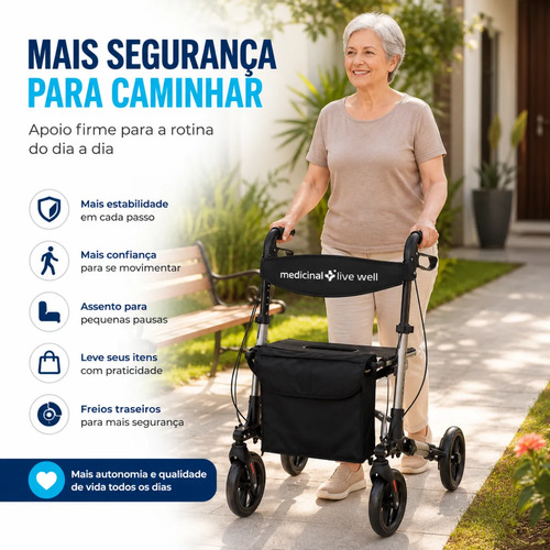 Andador 4 Rodas E Assento Idoso Adulto Dobrável Até 135kg