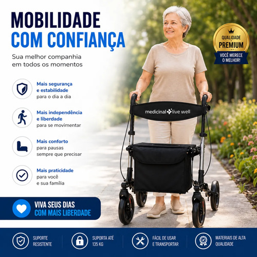 Andador 4 Rodas E Assento Idoso Adulto Dobrável Até 135kg