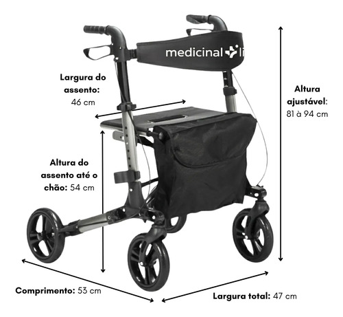 Andador 4 Rodas E Assento Idoso Adulto Dobrável Até 135kg