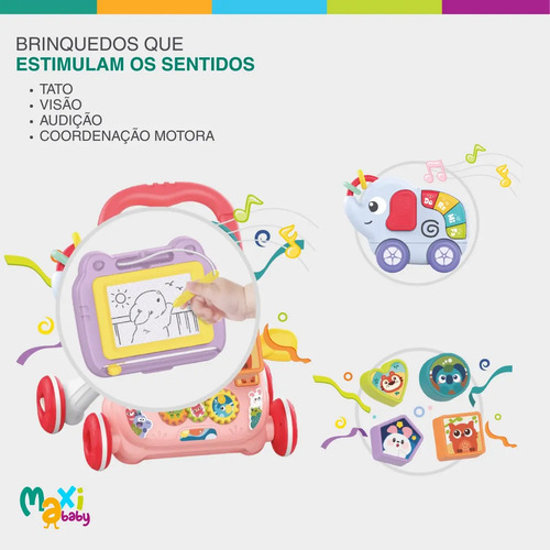 Andador Infantil 2 Em 1 Musical Interativo Rosa - Maxi Baby