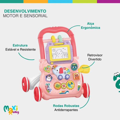 Andador Infantil 2 Em 1 Musical Interativo Rosa - Maxi Baby
