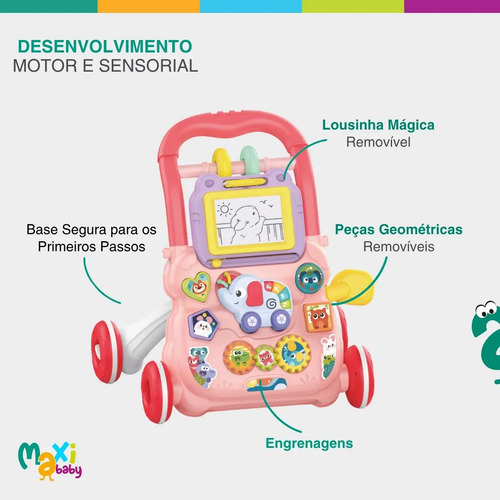 Andador Infantil 2 Em 1 Musical Interativo Rosa - Maxi Baby