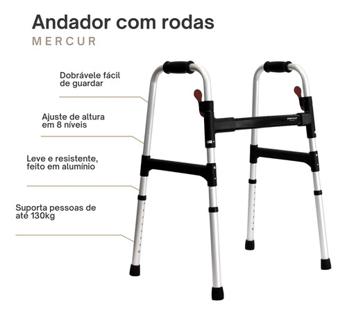 Andador Para Idoso Adulto Ortopédico Dobrável Mercur 130kg