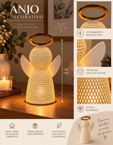 Anjo Natal Led Luminária Decorativa Mesa Presente 20cm
